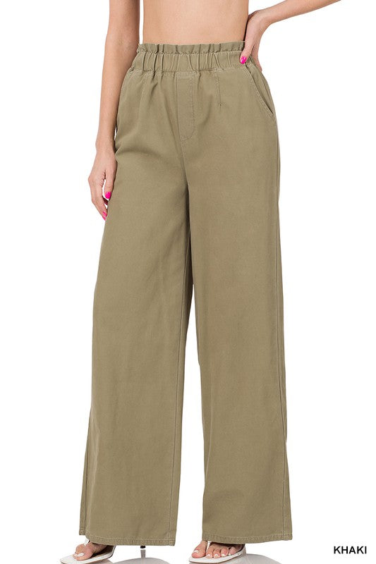 STONE WASHED WAIST WIDE LEG PANTS