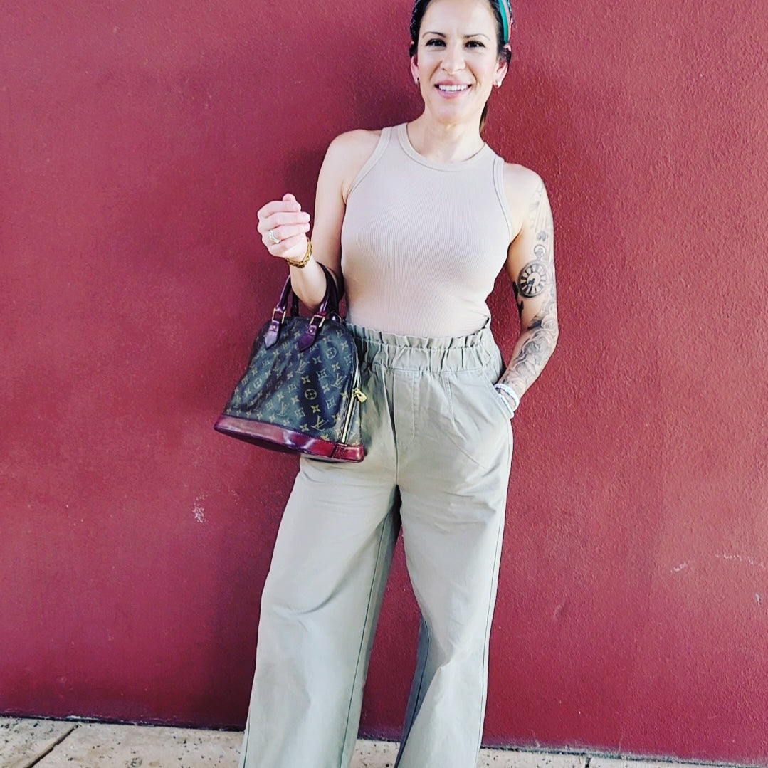 STONE WASHED WAIST WIDE LEG PANTS