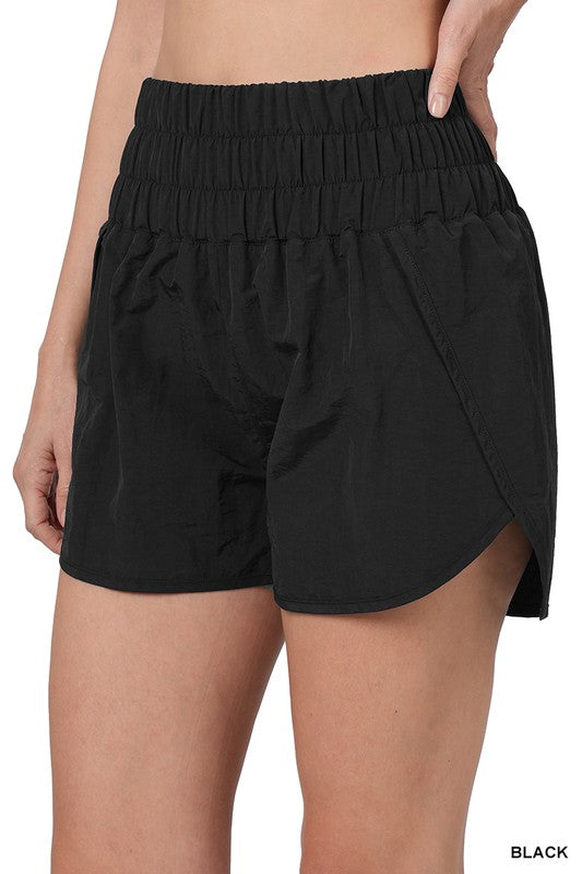 Smocked High waisted running shorts-BLACK