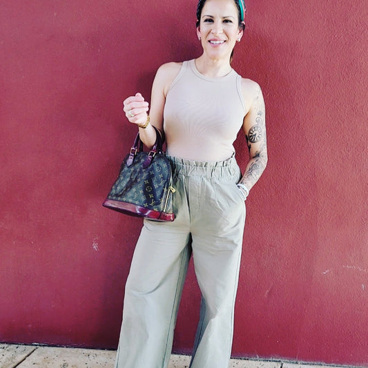 STONE WASHED WAIST WIDE LEG PANTS